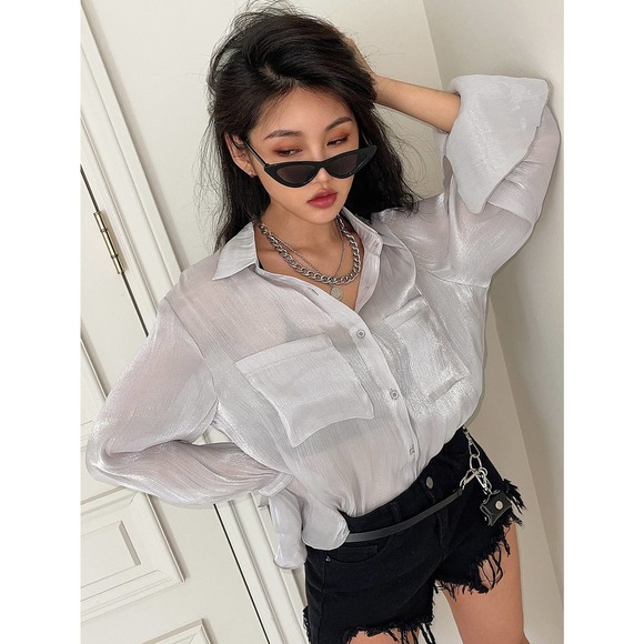 Dual Pocket Front Flounce sleeve button down Shirt white - Picture 4 of 8